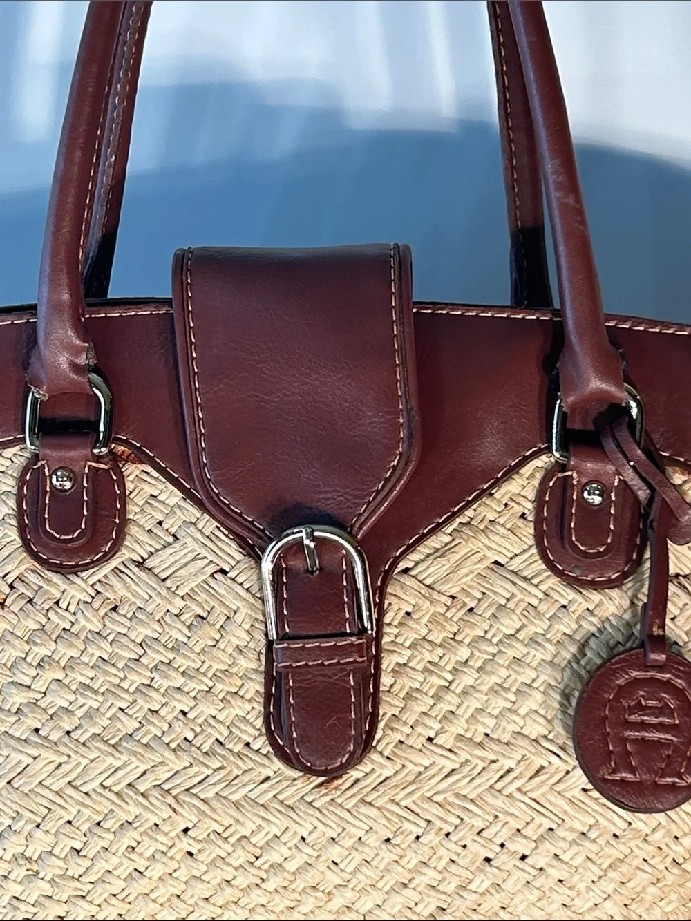 Etienne Aigner Woven Straw Bag Brown Trim Resort Timeless Cottage Coastal